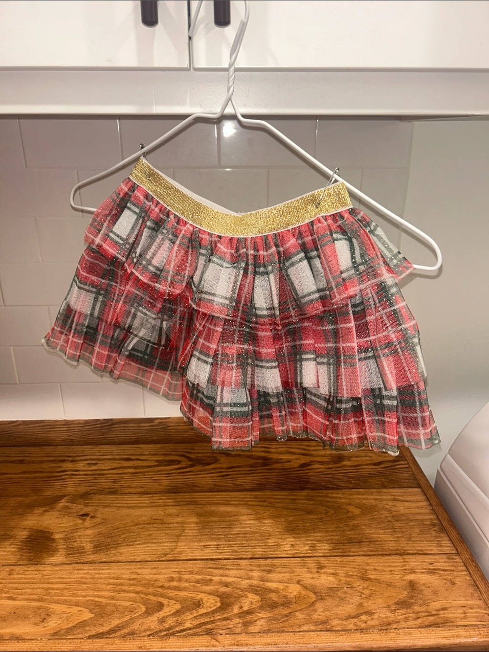 Girls Red Plaid Tiered Tulle Skirt with Gold Waistband
